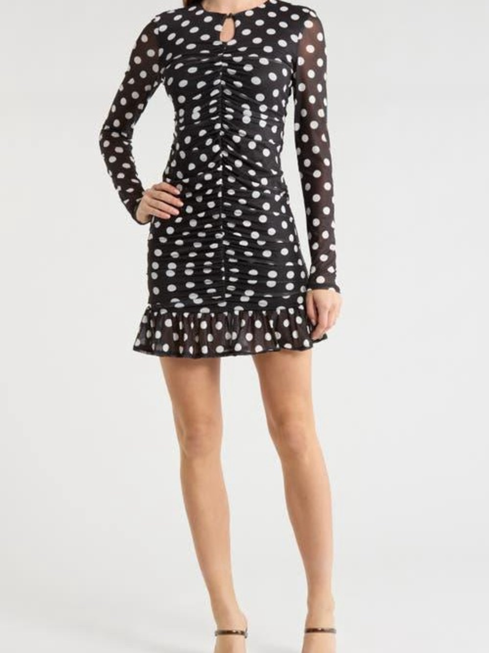 38. AFRM • NWT Polka Dot Ruched Long-Sleeve Mini Dress - Black/White